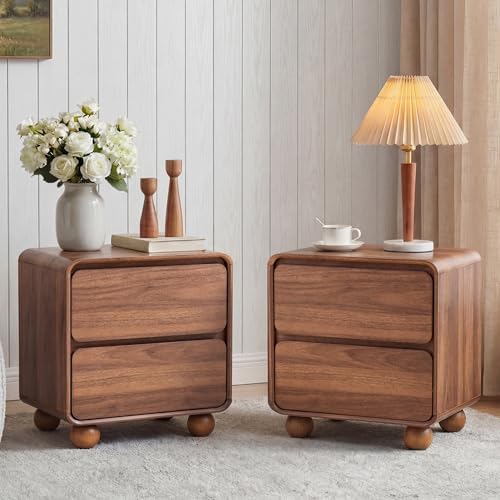 AVZEAR Set of 2 Modern 2 Drawer Dresser, 2 Drawer Nightstand Small Wooden Dresser Chest of Drawers, Handle Free & Curved Profile Design Sofa End Table for Living Room, Nursery, Walnut