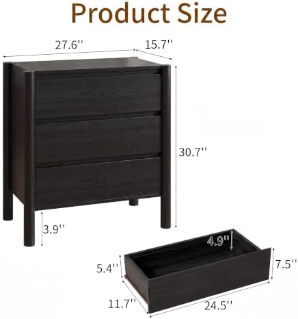 HOUROM Black 3 Drawer Dresser for Bedroom, Mid Century Modern Chest