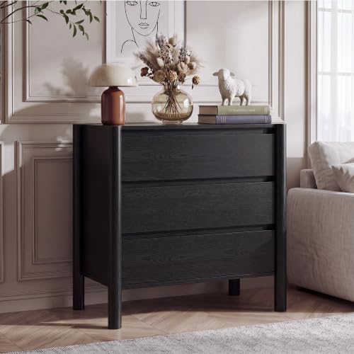 CHUWELL 27.6" Wide Black 3 Drawer Dresser for Bedroom with Solid Wood Legs