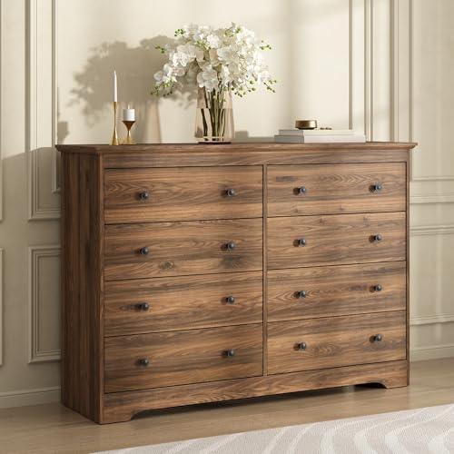 Dresser for Bedroom, 8 Drawer Dresser with Large Drawers, 51 Inch Wide Wood Chest for Living Room, Hallway, Walnut