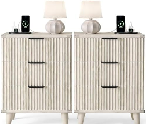 3 Drawers Nightstands Set of 2 w/Charging Station, Modern Fluted Dresser