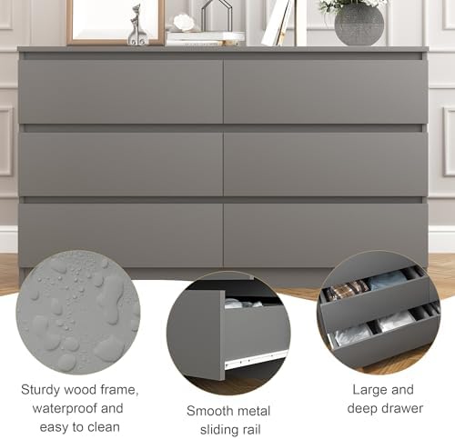 Grey Dresser for Bedroom,48'' Modern 6 Drawer Dresser with Deep Drawer,Storage Wide Chest of Drawers,Wood Bedroom Storage Furniture for Living Room,Closet