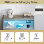 Wodeer Grey Dresser Tall 5 Drawer Dresser for Bedroom, Wood Chest of Drawers with LED Lights, Charging Station, Metal Handles, Modern Storage Cabinet and Organizer Drawers for Living Room, Hallway