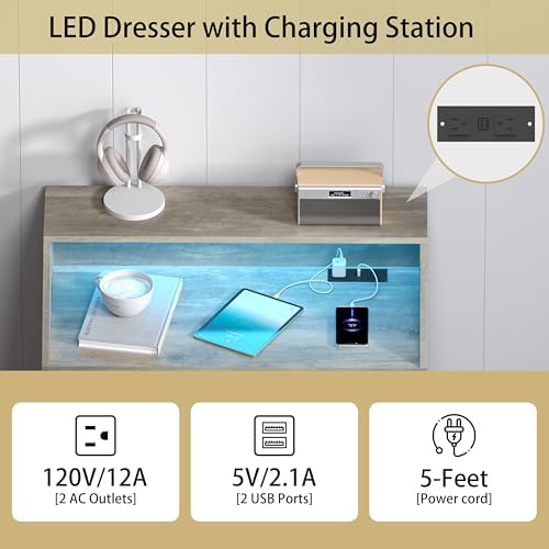 Wodeer Grey Dresser Tall 5 Drawer Dresser for Bedroom, Wood Chest of Drawers with LED Lights, Charging Station, Metal Handles, Modern Storage Cabinet and Organizer Drawers for Living Room, Hallway