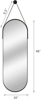 48"x16" Hanging Mirror Full Length with Leather Strap,Oval Full Length Mirror Wall-Mounted Hanging Mirrors for Bathroom Vanity Living Room Bedroom Entryway Décor, Black