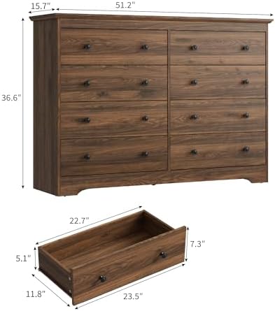 Dresser for Bedroom, 8 Drawer Dresser with Large Drawers, 51 Inch Wide Wood Chest for Living Room, Hallway, Walnut
