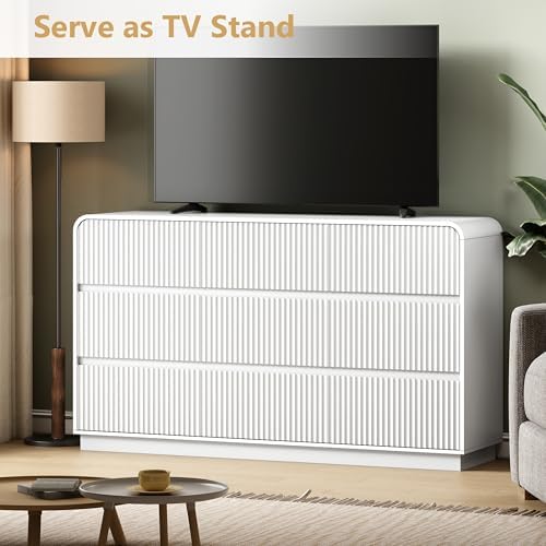Wodeer White Dresser Fluted 9 Drawers Dresser for Bedroom, 59" Wide Wood Chest of Drawers with Hidden Handles & Rounded Corners, Modern TV Stand Storage Cabinet for Living Room, Hallway, Entryway