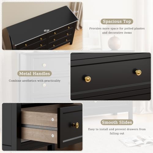 CARPETNAL 47" Black Dresser for Bedroom with Modern Gold Handles & 6 Drawer