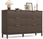 LINSY Fluted Dresser for Bedroom with 6 Drawers, Mid Century Modern Chest of Drawers with Gold Metal Handles, Wide Boho Wood Dressers, Large Farmhouse Storage Cabinet for Bedroom, Living Room, Walnut
