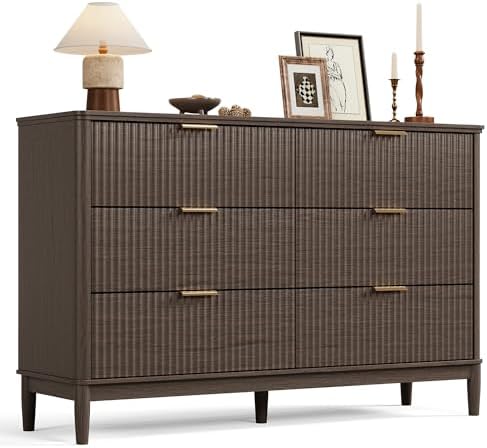 LINSY Fluted Dresser for Bedroom with 6 Drawers, Mid Century Modern Chest of Drawers with Gold Metal Handles, Wide Boho Wood Dressers, Large Farmhouse Storage Cabinet for Bedroom, Living Room, Walnut