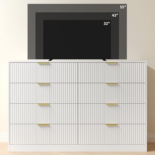 White Dresser with 8 Drawer 55" Wide Fluted Dresser for Bedroom丨Double Drawer Dresser Modern Chest of Drawers with Gold Handle, Wood TV Stand for Bedroom, Living Room, Entryway, White