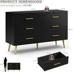 Black 6 Drawer Dresser for Bedroom, 47" Wood Dresser with Gold Handles.