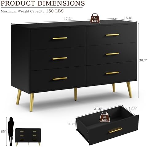 Black 6 Drawer Dresser for Bedroom, 47" Wood Dresser with Gold Handles.