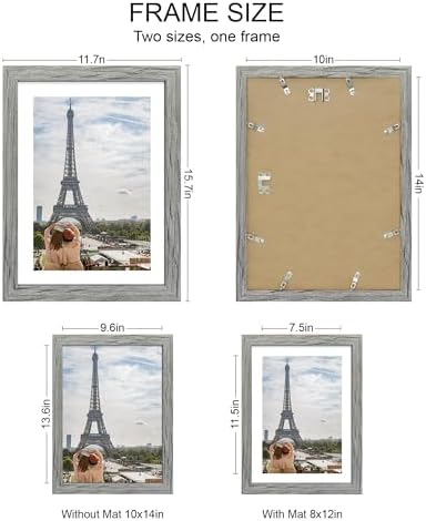 Hongkee 10x14 Picture Frame Set of 4, Made of Glass and Grey Wooden Frame, Display 8x12 Pictures with Mat or 30 x 40cm Diamond Painting Art without Mat for Wall Mounting, Gallery Photo Frames