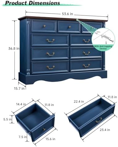 Farmhouse 9-Drawer Dresser with Charging Station for Bedroom