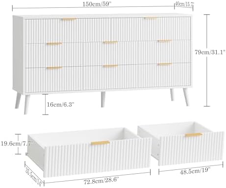 Fluted Dresser for Bedroom with 8 Drawers, Wooden Dresser with Metal Handle, White Dresser for Bedroom, Wood Closet for Hallway, Modern Storage Organizer for Living Room BDR104WW