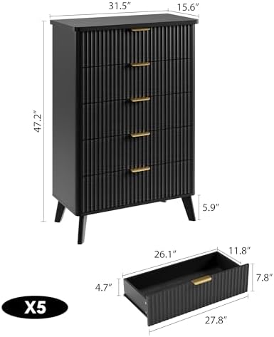 GarveeHome Fluted Dresser for Bedroom with 5 Deep Drawers, Black
