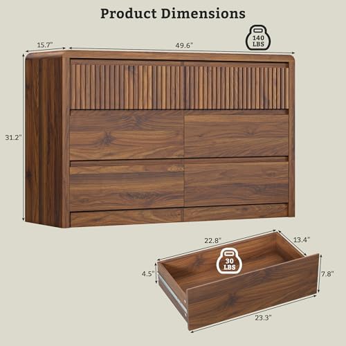 LYNSOM Walnut Fluted 6 Drawer Dresser for Bedroom, Curved Edge, 50" Wide