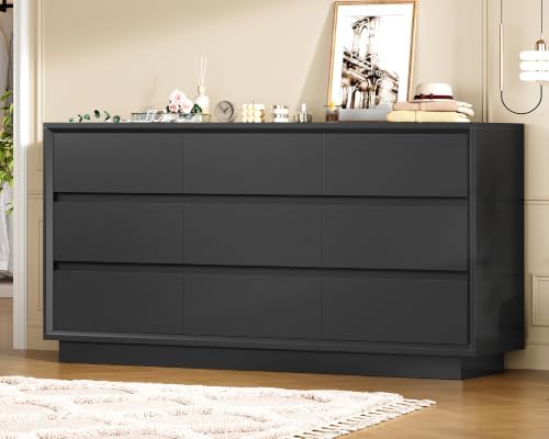 TEENFON 63" Dresser for Bedroom with 9 Drawers, Black Dresser with Metal Slide, Bedroom Dressers, Wood Dressers & Chests of Drawers for Bedroom, Hallway, Black