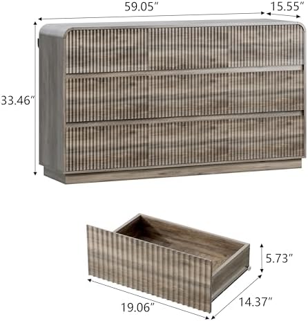 Wodeer Grey Dresser Fluted 9 Drawers Dresser for Bedroom, 59" Wide Wood Chest of Drawers with Hidden Handles & Rounded Corners, Modern TV Stand Storage Cabinet for Living Room, Hallway, Entryway, Gray