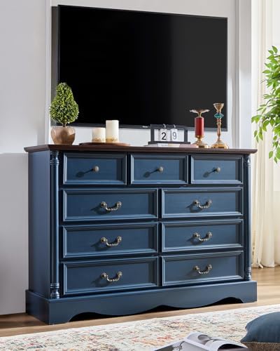 Farmhouse 9-Drawer Dresser with Charging Station for Bedroom