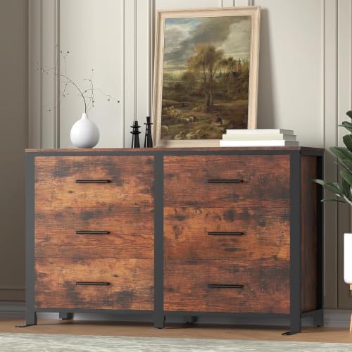 Rustic Brown Dresser for Bedroom, Wide Wood Dressers Furniture with 6 Wooden Drawer and Metal Frame, TV Stand with Deep Drawer (Rustic Brown)