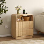 BORNOON Dresser with 2 Drawers and Charging Station, Fluted Bedside Table with Round Curved Corner, Hidden Handles, 2 AC Outlets and 2 USB Ports, Modern Wood End Table with Open Shelf for Bedroom