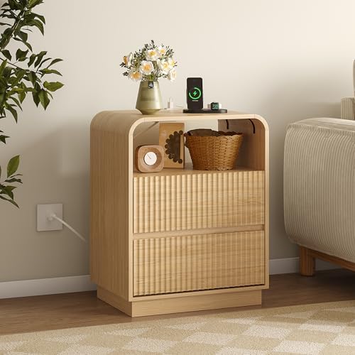 BORNOON Dresser with 2 Drawers and Charging Station, Fluted Bedside Table with Round Curved Corner, Hidden Handles, 2 AC Outlets and 2 USB Ports, Modern Wood End Table with Open Shelf for Bedroom