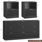 3-Piece 9 Drawer Dresser and 1-Drawer Nightstand Set, Black丨63 Wide Fluted Bedroom Dresser Set Night Stand Set of 2, Modern Wood Chest of Drawers Storage Dressers Set for Bedroom
