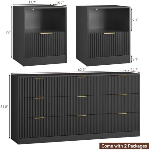 3-Piece 9 Drawer Dresser and 1-Drawer Nightstand Set, Black丨63 Wide Fluted Bedroom Dresser Set Night Stand Set of 2, Modern Wood Chest of Drawers Storage Dressers Set for Bedroom
