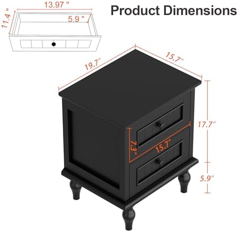 Black Nightstand Set of 2, Vintage Bedside Tables with Drawers for Bedroom