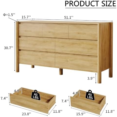 HOUROM Oak Dresser for Bedroom,51" Wide 7 Drawer Mid Century Modern Chest