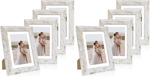 Hongkee 5x7 Picture Frame Set of 4, Made of Real Glass and Distressed White Wooden Frame, 5 by 7 Photo for Wall or Tabletop - Display Picture 4x6 with Mat or 5x7 Without Mat (Pack of 2)