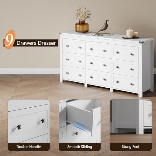 Xixini 59.1" Wide 9-Drawer Farmhouse Dresser for Bedroom, White