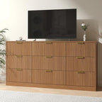Natural Wood Dresser with 9 Drawer 63" Wide Fluted Dresser for Bedroom丨Long Dresser Modern Chest of Drawers with Gold Handle, Wood TV Stand Storage Organizer for Bedroom, Living Room, Natural Wood