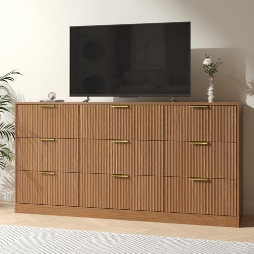 Natural Wood Dresser with 9 Drawer 63" Wide Fluted Dresser for Bedroom丨Long Dresser Modern Chest of Drawers with Gold Handle, Wood TV Stand Storage Organizer for Bedroom, Living Room, Natural Wood