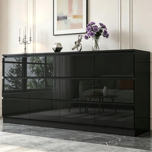 12 Drawers Dresser with Charging Station, Modern Large Dresser with 12 Handle Free Drawers, Wood Storage Chest of Drawers for Bedroom, Living Room, Entryway, Hallway, Black