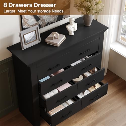 8 Drawer Dresser for Bedroom, Wood Dresser Chests of Drawers with Metal Handle, Double Wide Dressers, Vintage Design Storage Chest Cabinet and Organizer Drawers for Closet, Hallway, Entryway, Black