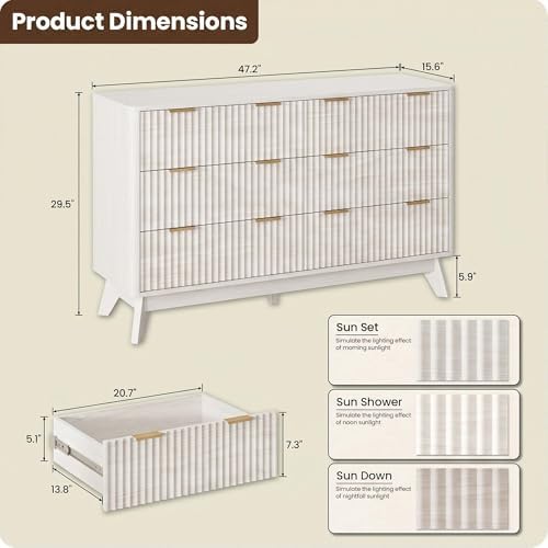 47" Wide Fluted 6 Drawers Dresser for Bedroom,Curved Edge,White