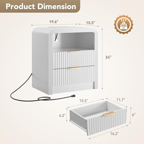 Decofy Fluted 2-Drawer Nightstand Set of 2 with Charging Station, White