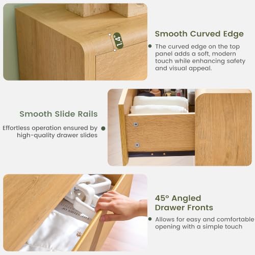 Modern 9 Drawers Dresser for Bedroom, 63” Wide Large Dressers & Chest of Drawers, Front Rounded Corner Handleless Design, Storage Dressers Organizer for Hallway, Living Room, Natural Color