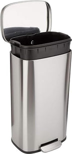 Amazon Basics Smudge Resistant Rectangular Trash Can with Soft-Close Lid, Foot Pedal, Removable Inner Bucket, 30 Liter/7.9 Gallon, Brushed Stainless Steel, Satin Nickel Finish, 13.8"L x 11.8"W x 25"H