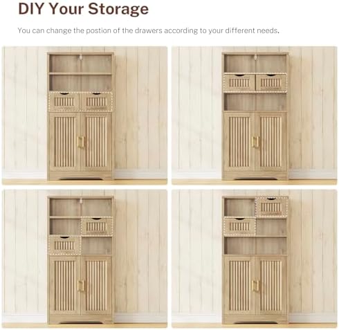 Iwell Tall Storage Cabinet, Fluted Cabinet with 2 Drawers & Adjustable Shelf, Bathroom Storage Cabinet, Kitchen Pantry Storage Cabinet, for Living Room, Dining Room, Home Office, Natural Oak