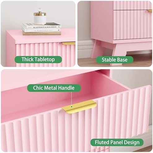 Xixini Fluted Dresser for Bedroom with 3 Drawers, 24" Wide Modern Chest of Drawers with Metal Handle, Wooden Dresser TV Stand, Wood Closet Clothes Storage Organizer for Living Room, Hallway, Pink