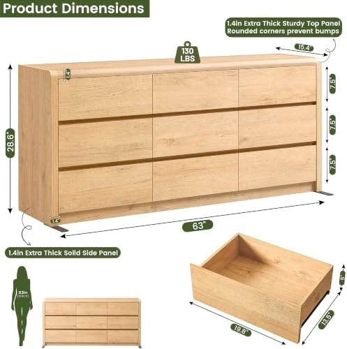 Modern 9 Drawers Dresser for Bedroom, 63” Wide Large Dressers & Chest of Drawers, Front Rounded Corner Handleless Design, Storage Dressers Organizer for Hallway, Living Room, Natural Color