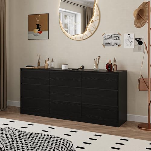 Bobve 70.9” Dresser for Bedroom with 9 Drawers, Large Modern Chest of Drawers with Deep Drawers, Wide Double Dresser Handle Free, Storage Organizer for Bedroom, Living Room, Hallway (Black)