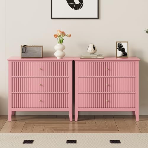 RoyalCraft 32" Large Nightstand Set of 2, Fluted Painted Wood Dresser with 3 Spacious Drawers, Modern Bedside Table for Bedroom, Living Room, Pink