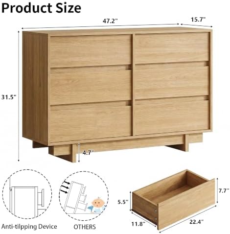 HOUROM Oak Dresser for Bedroom, 47in Modern 6 Drawer Chest of Drawers