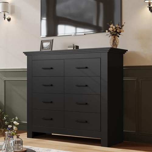 8 Drawer Dresser for Bedroom, Wood Dresser Chests of Drawers with Metal Handle, Double Wide Dressers, Vintage Design Storage Chest Cabinet and Organizer Drawers for Closet, Hallway, Entryway, Black
