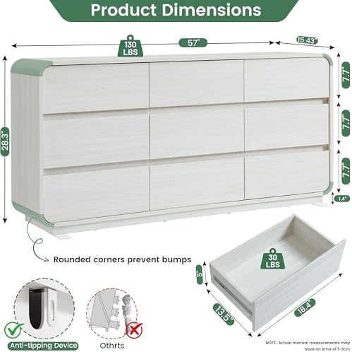 Standifurno White Dressers of 9 Drawers, Chest Dresser with Deep Drawers, Modern Dresser Closet for Bedroom, Curved Drawer with Large Storage, 57'' Wide